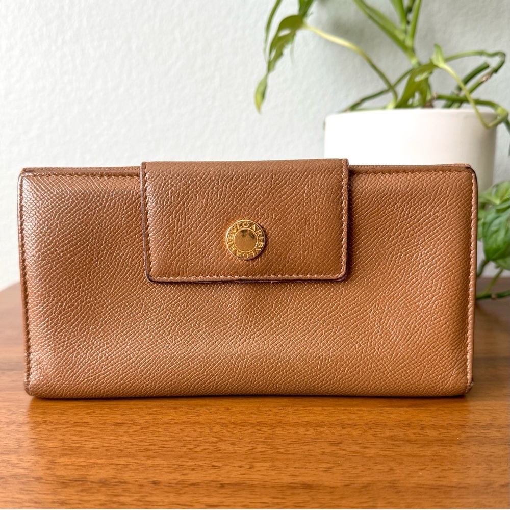 BVLGARI Brown Tan Classico Continental Leather Trifold Long Wallet Gold BULGARI